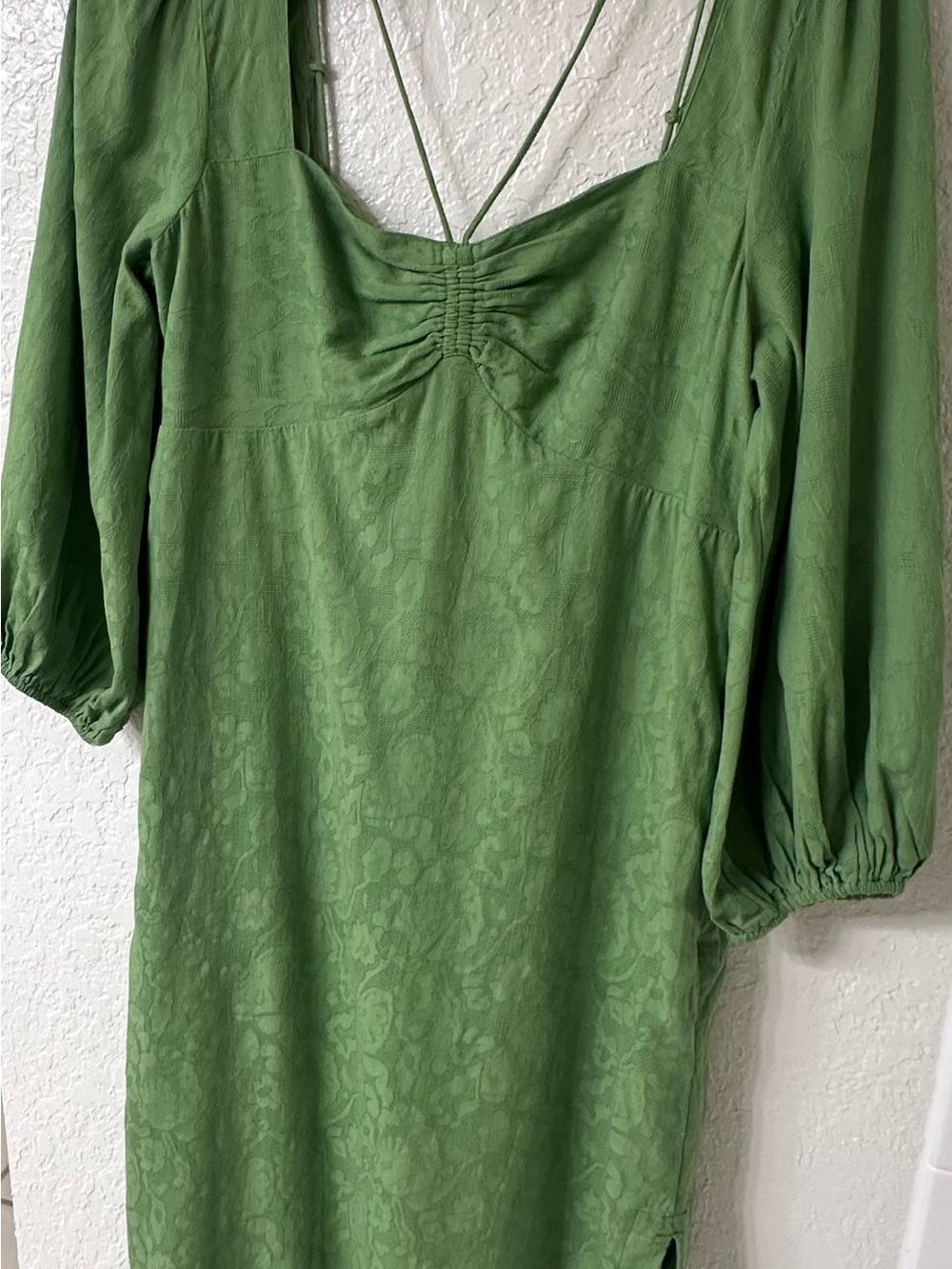 Maeve Anthropologie Green Jacquard Open Back Midi Dress Puff Sleeve US 10 - Picture 5 of 14